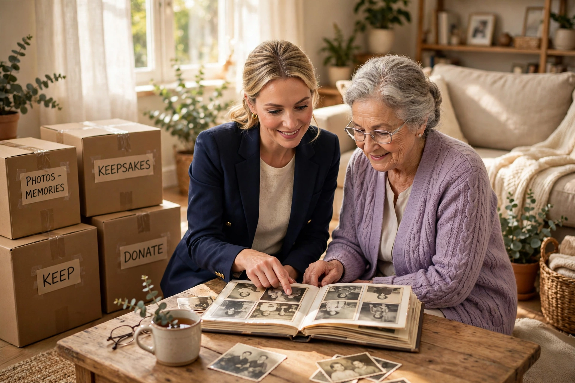 STEPS specialist helping a senior sort family memories during an in-home assessment in Central New Jersey
